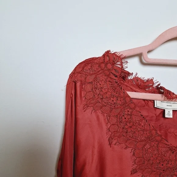 Anthropologie Moulinette Soeurs Coral Satin and Lace Bell Sleeve Blouse Medium - Picture 5 of 12